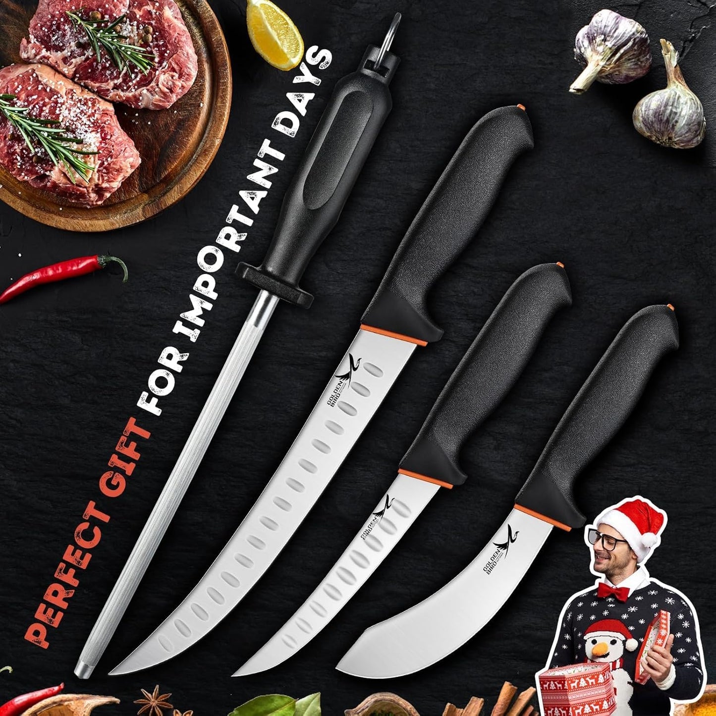 Golden Bird Butcher Knife Set - Non-slip Skinning Knife Set with Roll Bag | Professional Game Processing Knives Sets - Butcher & Skinning Boning Knives with German Stainless Steel, Gift for Men