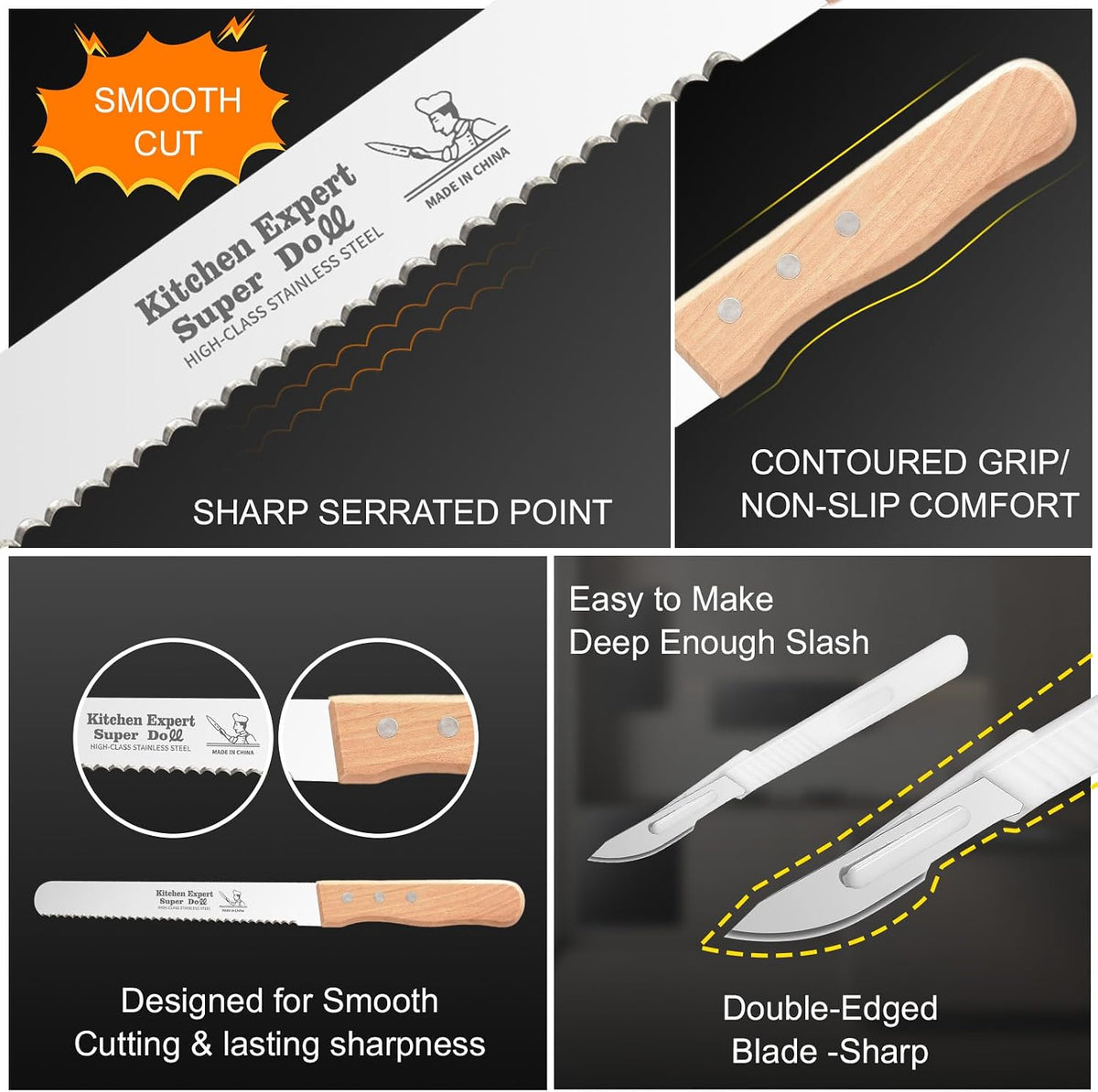 2-Pack Bread Knife & Bread Lame Set: 10" Premium Stainless Steel Serrated Knives Blade with Wood Handle for Homemade Bread, Sourdough Tomato, Bagel + Dough Scoring Tool for Razor Sharp Carving