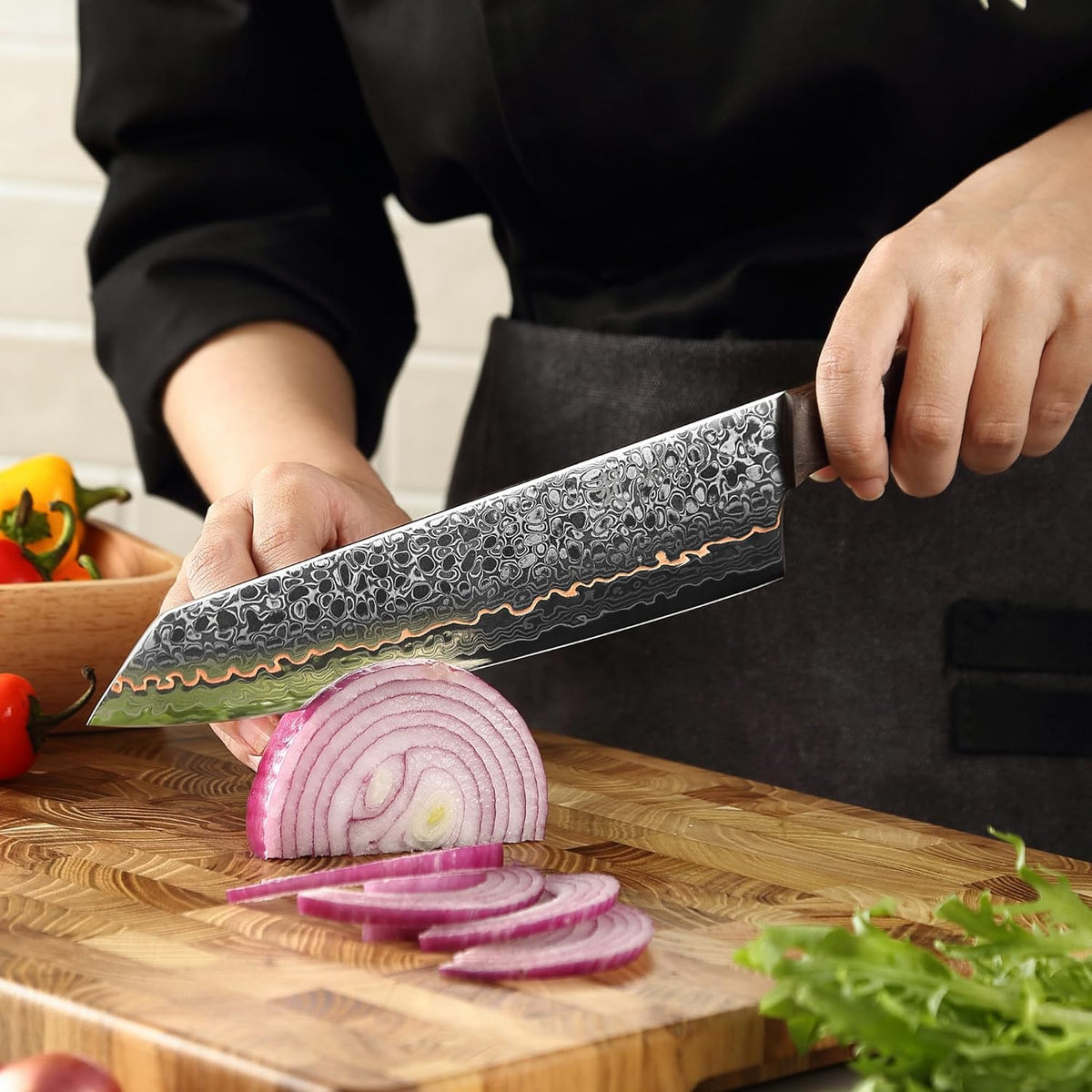 Kawa Kiritsuke Chef Knife, 7.9-Inch VG10 Core Damascus, Copper Inlay