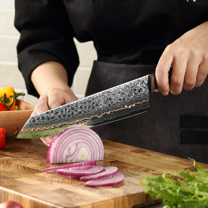 Kawa Kiritsuke Chef Knife, 7.9-Inch VG10 Core Damascus, Copper Inlay