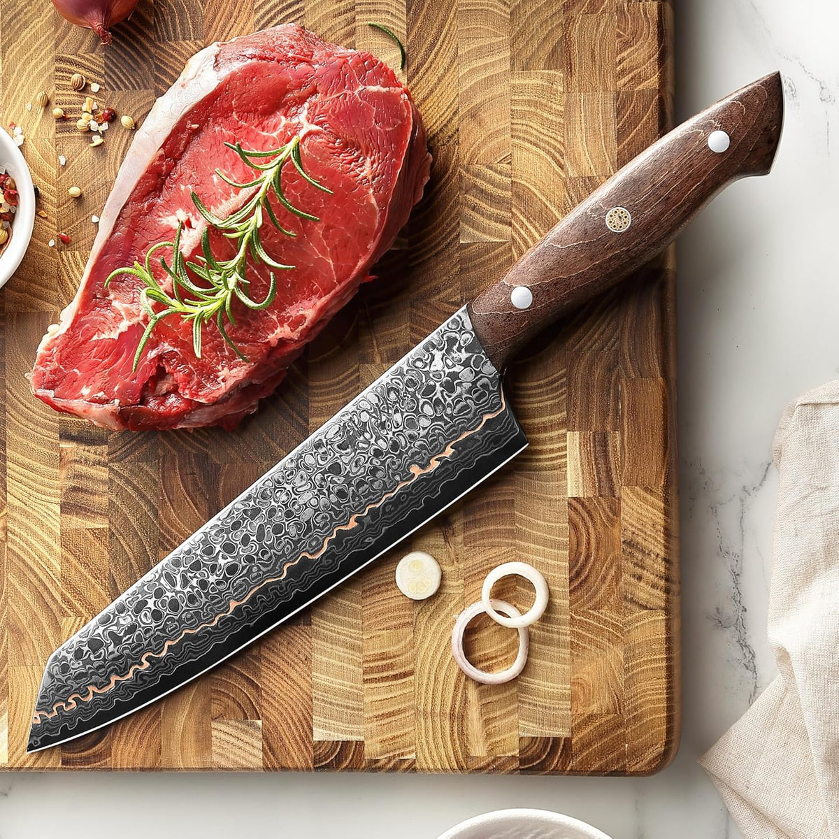 Kawa Kiritsuke Chef Knife, 7.9-Inch VG10 Core Damascus, Copper Inlay