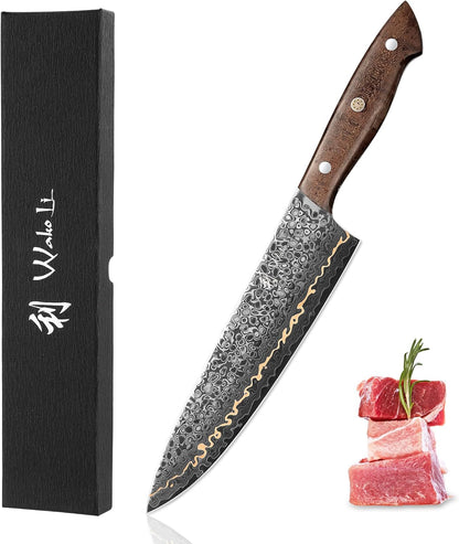 Kawa Kiritsuke Chef Knife, 7.9-Inch VG10 Core Damascus, Copper Inlay