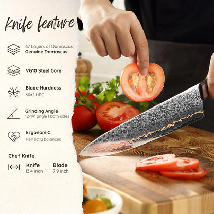 Kawa Kiritsuke Chef Knife, 7.9-Inch VG10 Core Damascus, Copper Inlay