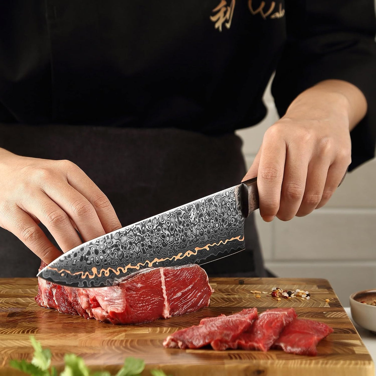 Kawa Kiritsuke Chef Knife, 7.9-Inch VG10 Core Damascus, Copper Inlay