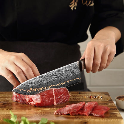 Kawa Kiritsuke Chef Knife, 7.9-Inch VG10 Core Damascus, Copper Inlay