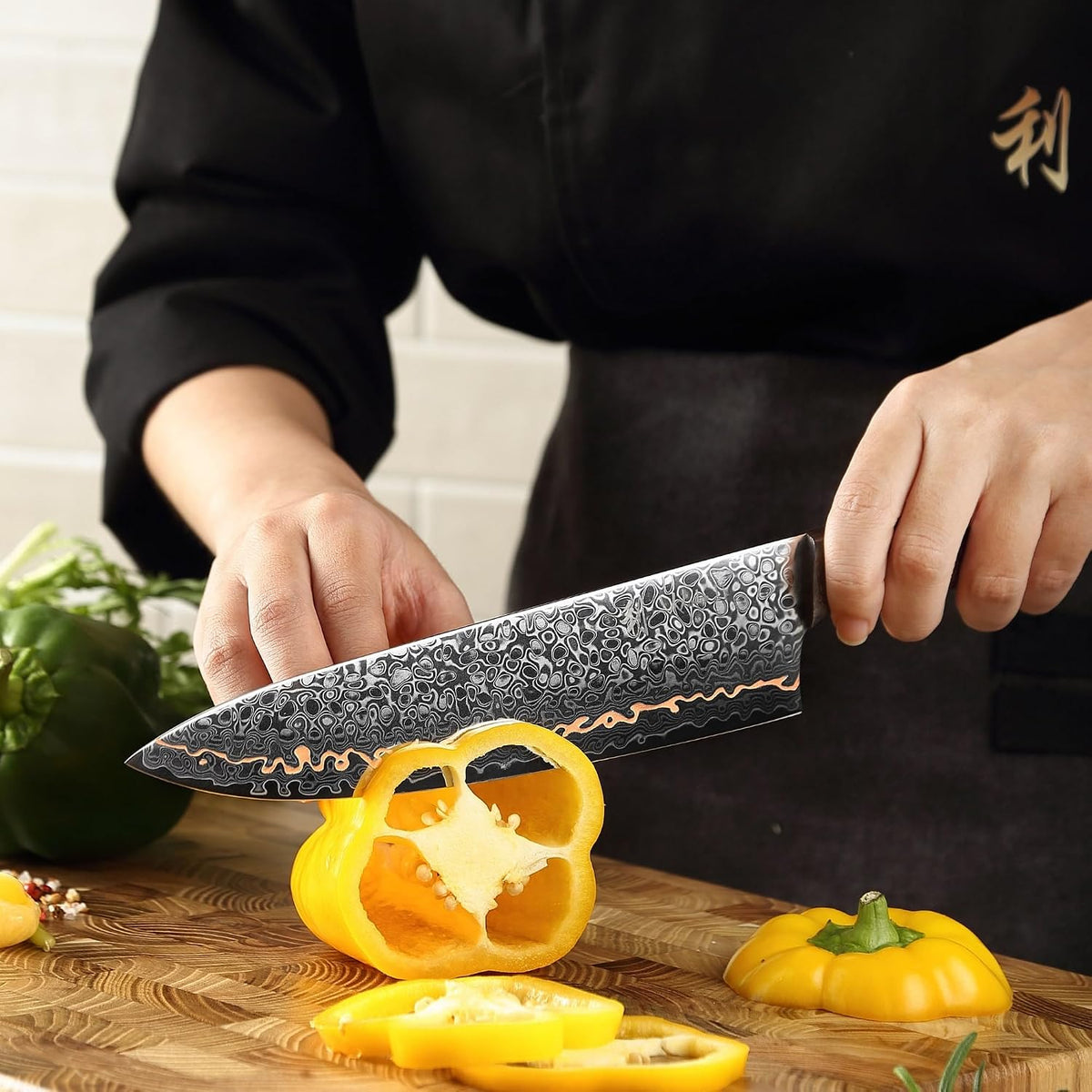 Kawa Kiritsuke Chef Knife, 7.9-Inch VG10 Core Damascus, Copper Inlay