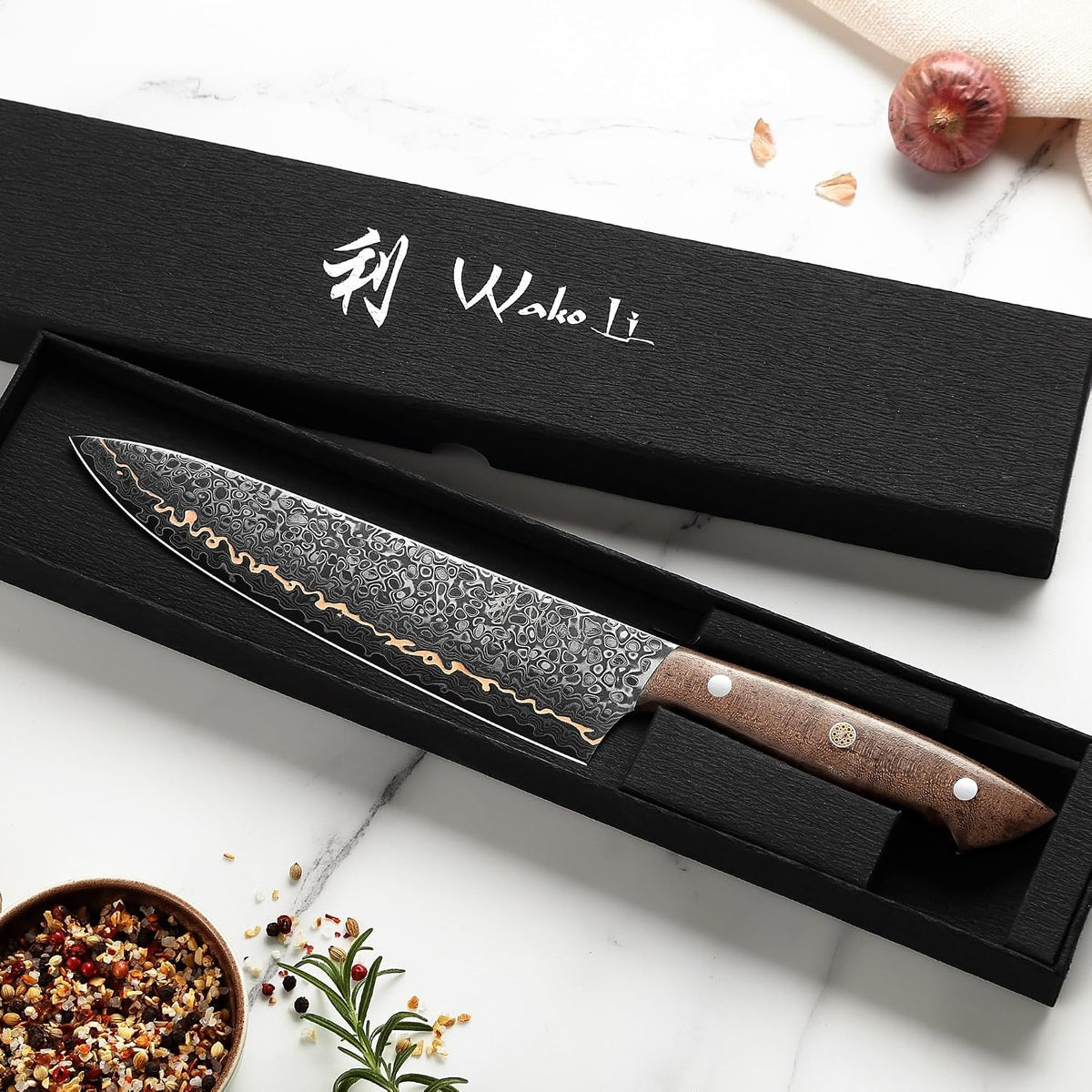 Kawa Kiritsuke Chef Knife, 7.9-Inch VG10 Core Damascus, Copper Inlay