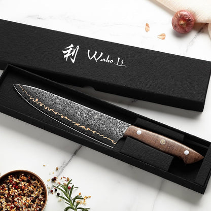 Kawa Kiritsuke Chef Knife, 7.9-Inch VG10 Core Damascus, Copper Inlay