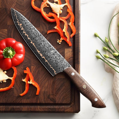 Kawa Kiritsuke Chef Knife, 7.9-Inch VG10 Core Damascus, Copper Inlay
