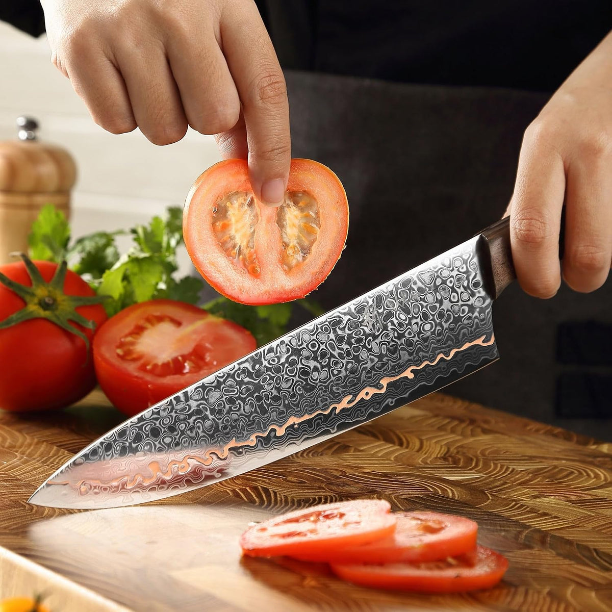 Kawa Kiritsuke Chef Knife, 7.9-Inch VG10 Core Damascus, Copper Inlay
