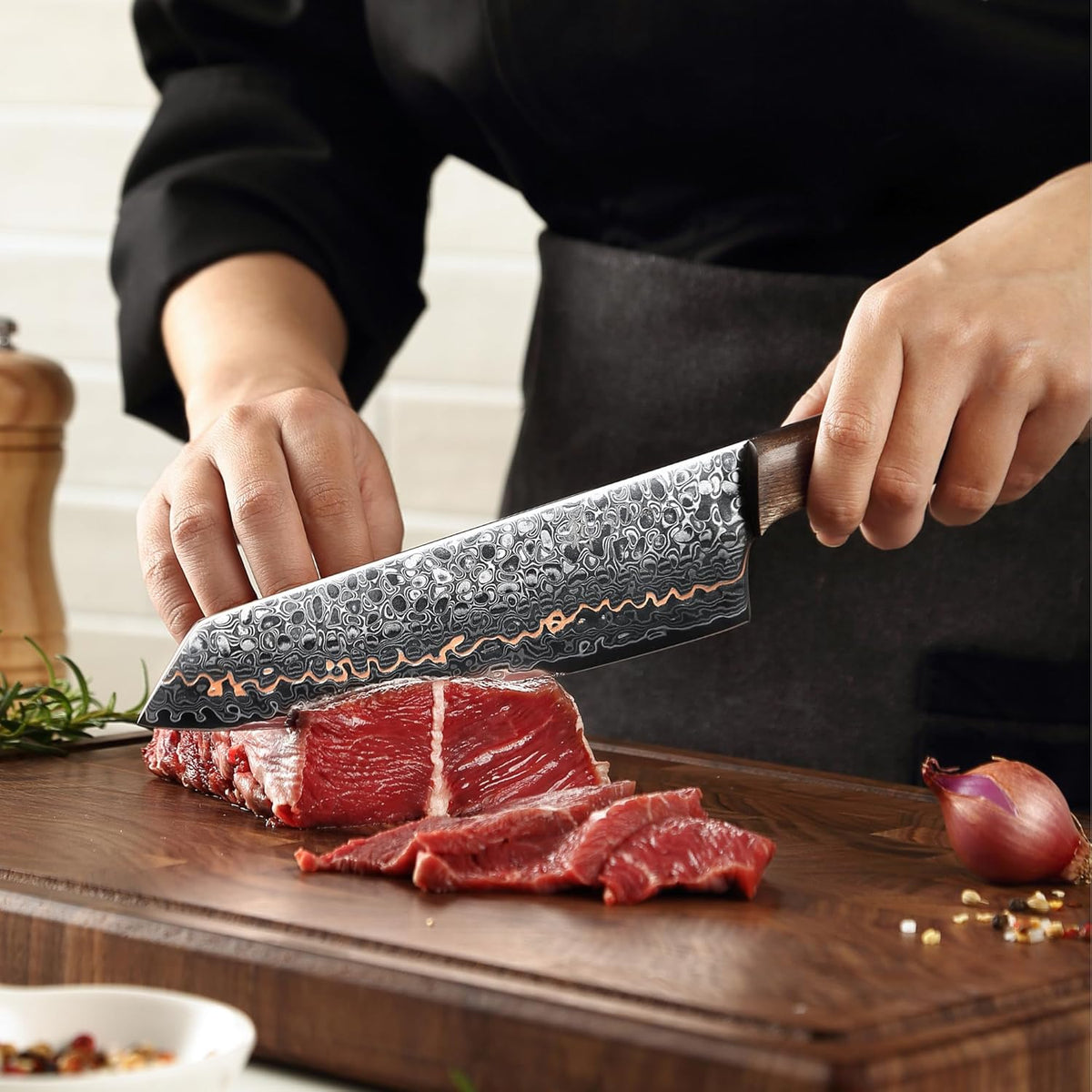 Kawa Kiritsuke Chef Knife, 7.9-Inch VG10 Core Damascus, Copper Inlay