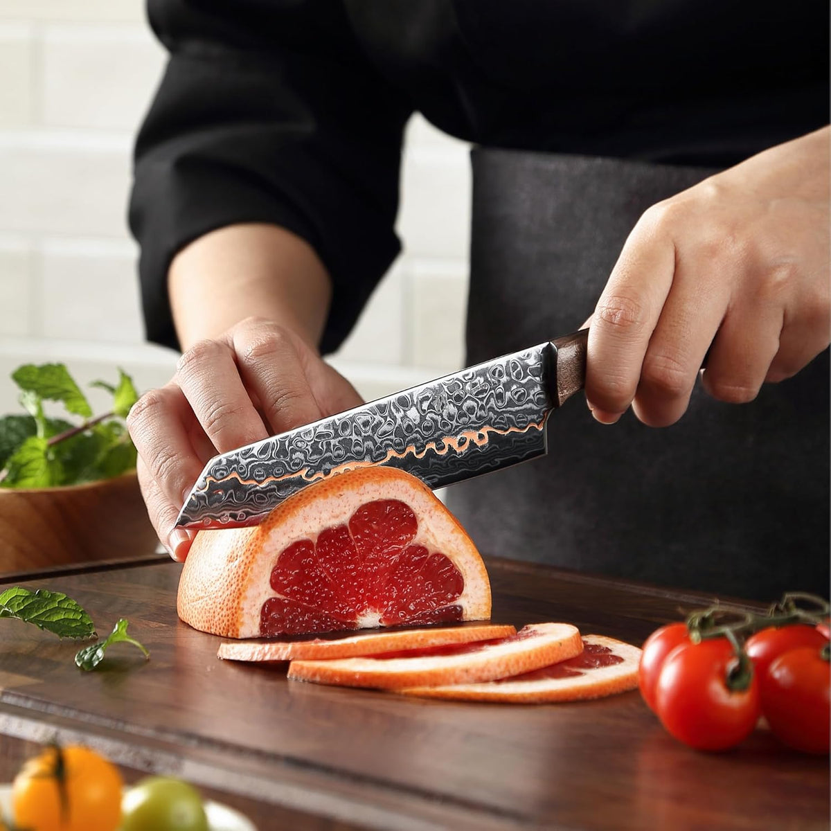 Kawa Kiritsuke Chef Knife, 7.9-Inch VG10 Core Damascus, Copper Inlay