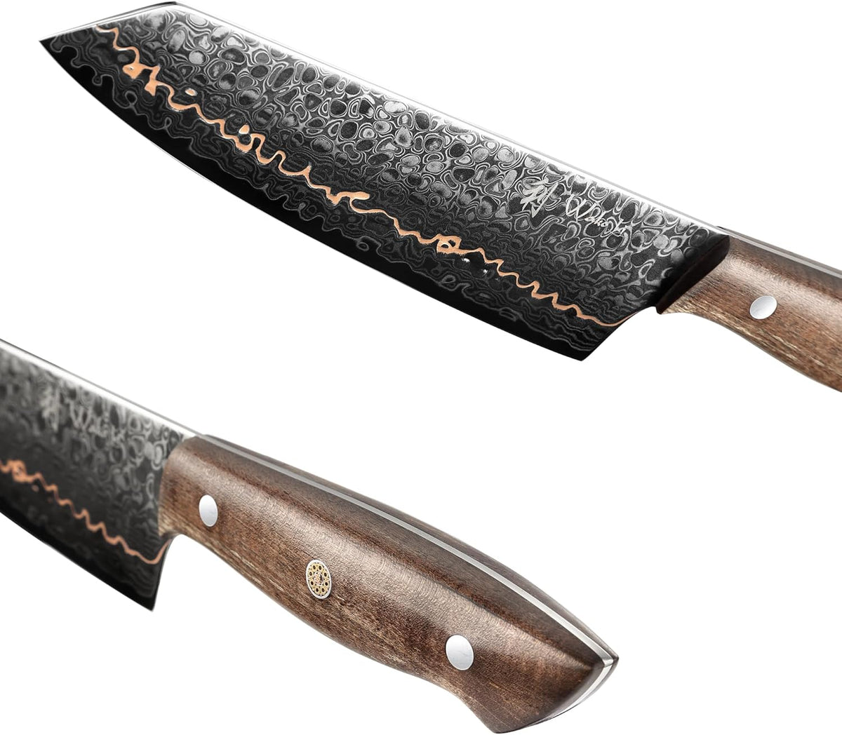 Kawa Kiritsuke Chef Knife, 7.9-Inch VG10 Core Damascus, Copper Inlay