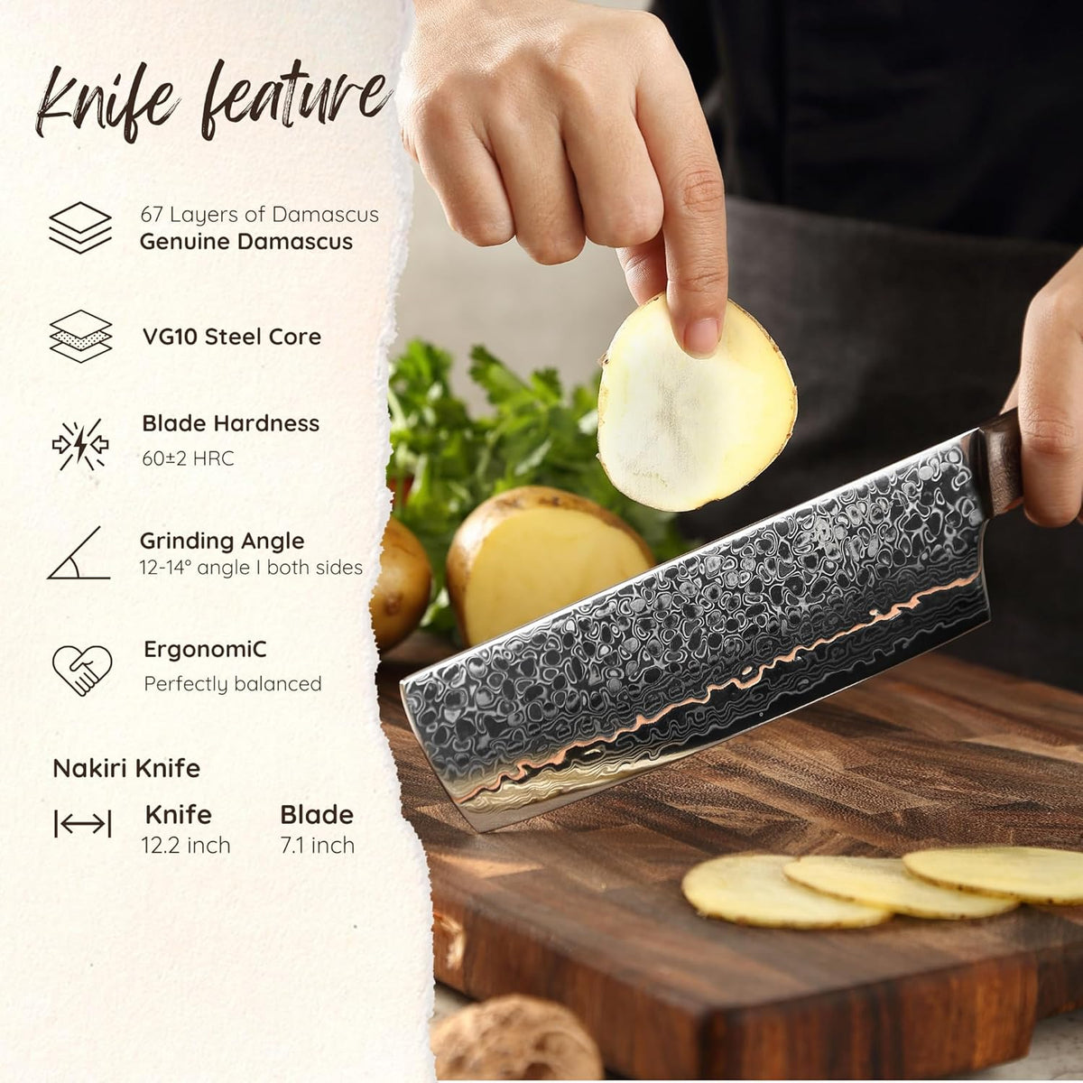 Kawa Kiritsuke Chef Knife, 7.9-Inch VG10 Core Damascus, Copper Inlay