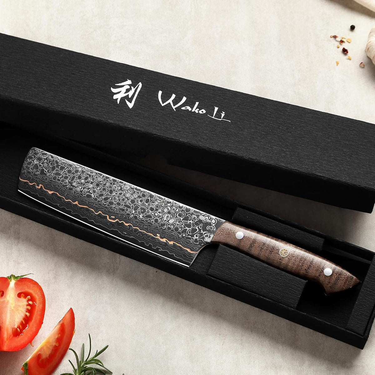 Kawa Kiritsuke Chef Knife, 7.9-Inch VG10 Core Damascus, Copper Inlay