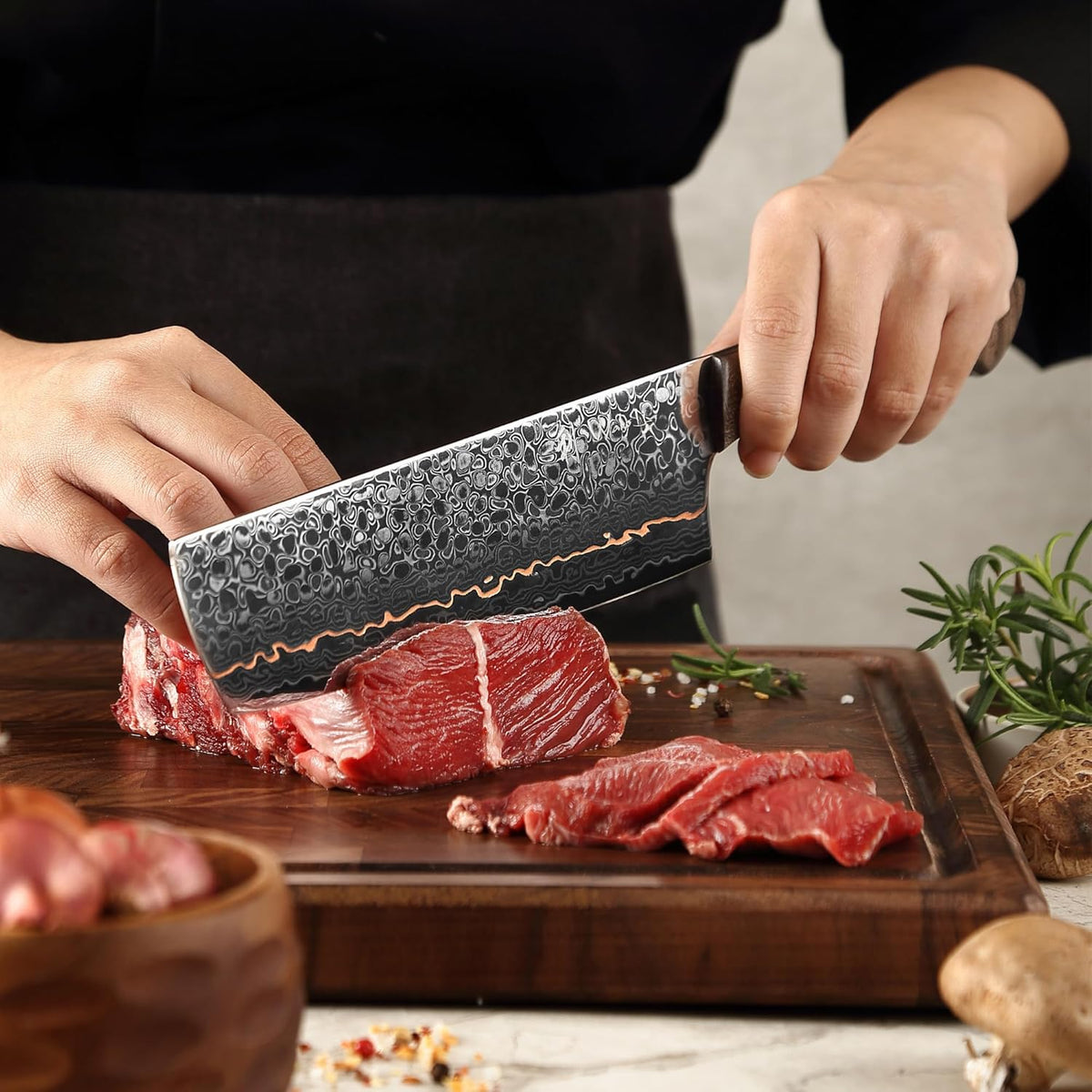 Kawa Kiritsuke Chef Knife, 7.9-Inch VG10 Core Damascus, Copper Inlay