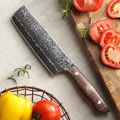 Kawa Kiritsuke Chef Knife, 7.9-Inch VG10 Core Damascus, Copper Inlay