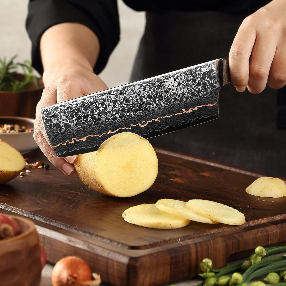 Kawa Kiritsuke Chef Knife, 7.9-Inch VG10 Core Damascus, Copper Inlay