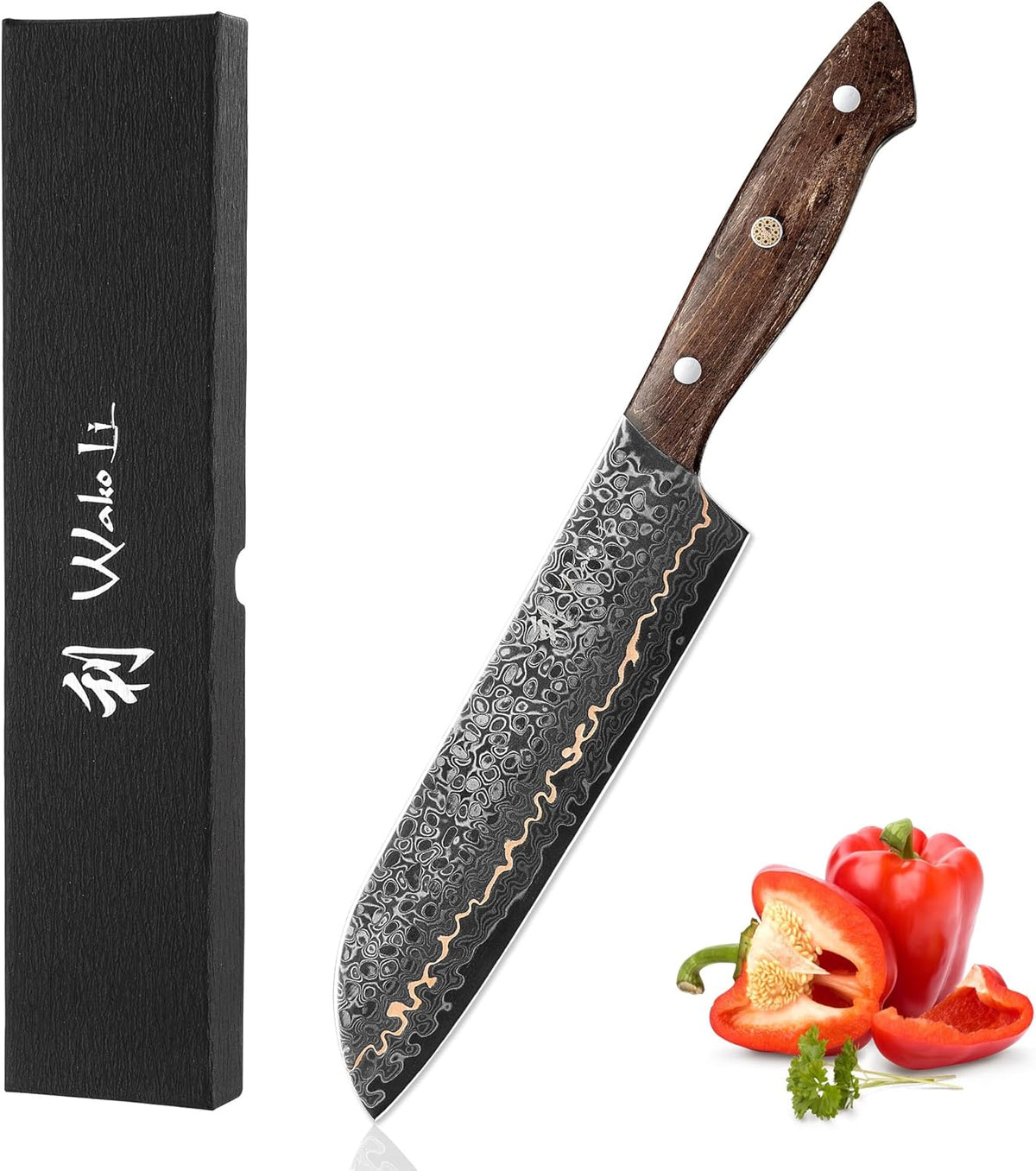 Kawa Kiritsuke Chef Knife, 7.9-Inch VG10 Core Damascus, Copper Inlay