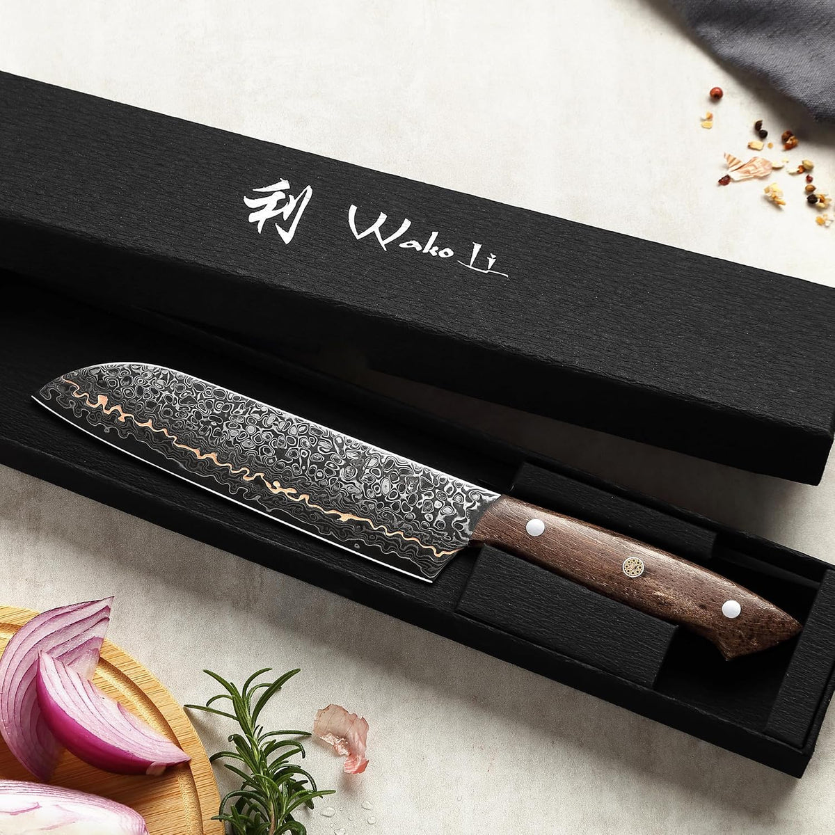 Kawa Kiritsuke Chef Knife, 7.9-Inch VG10 Core Damascus, Copper Inlay