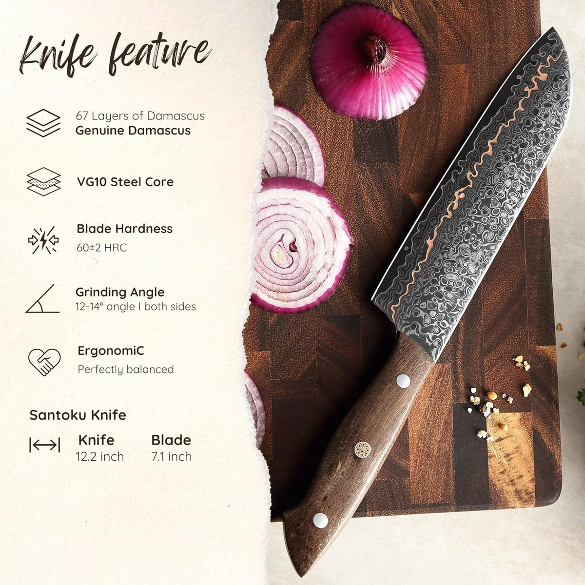 Kawa Kiritsuke Chef Knife, 7.9-Inch VG10 Core Damascus, Copper Inlay
