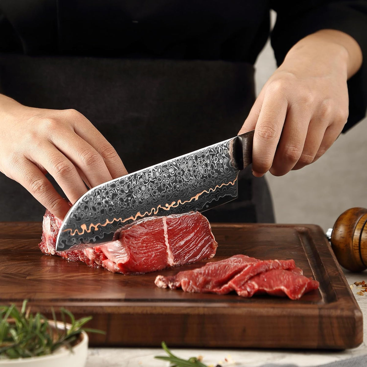 Kawa Kiritsuke Chef Knife, 7.9-Inch VG10 Core Damascus, Copper Inlay