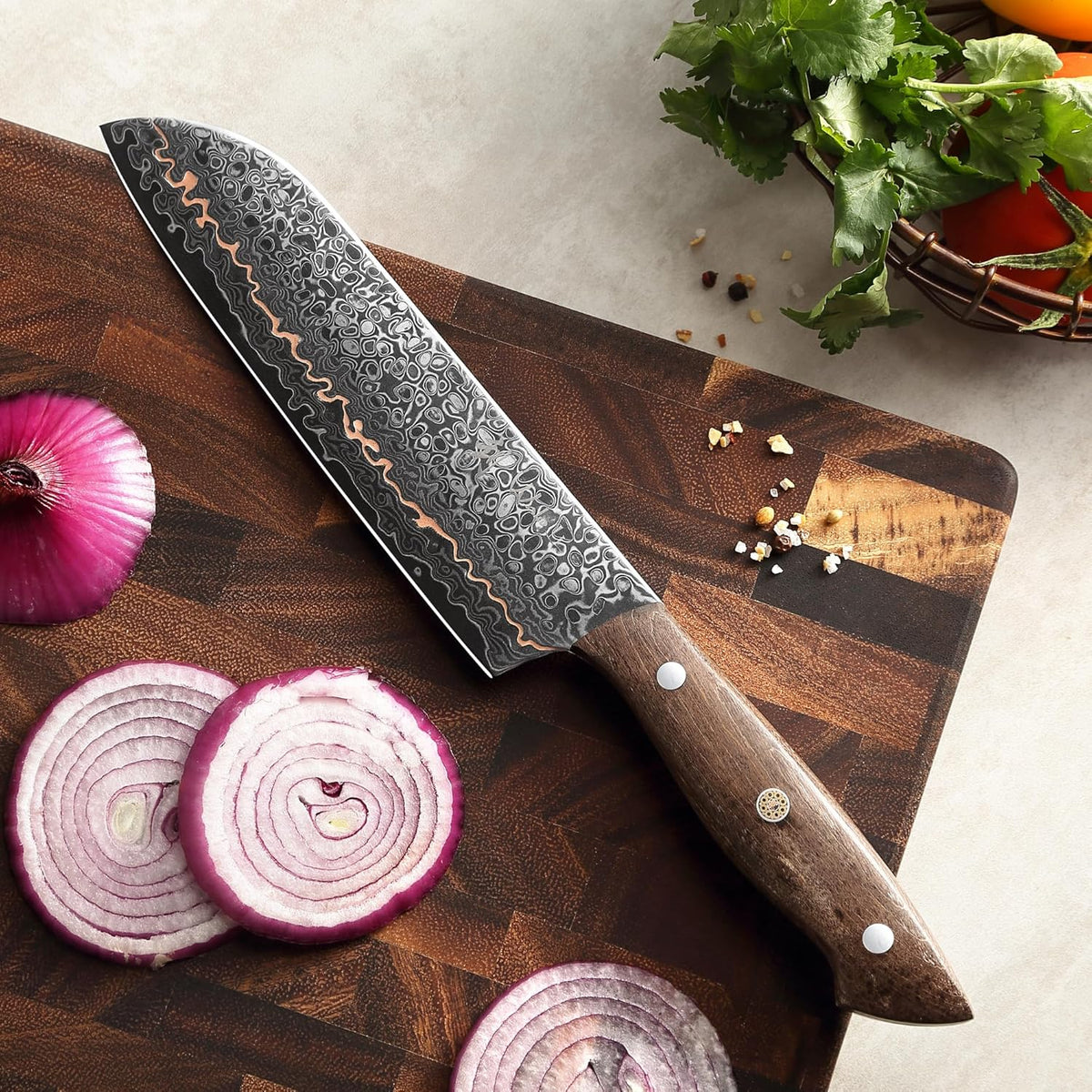 Kawa Kiritsuke Chef Knife, 7.9-Inch VG10 Core Damascus, Copper Inlay