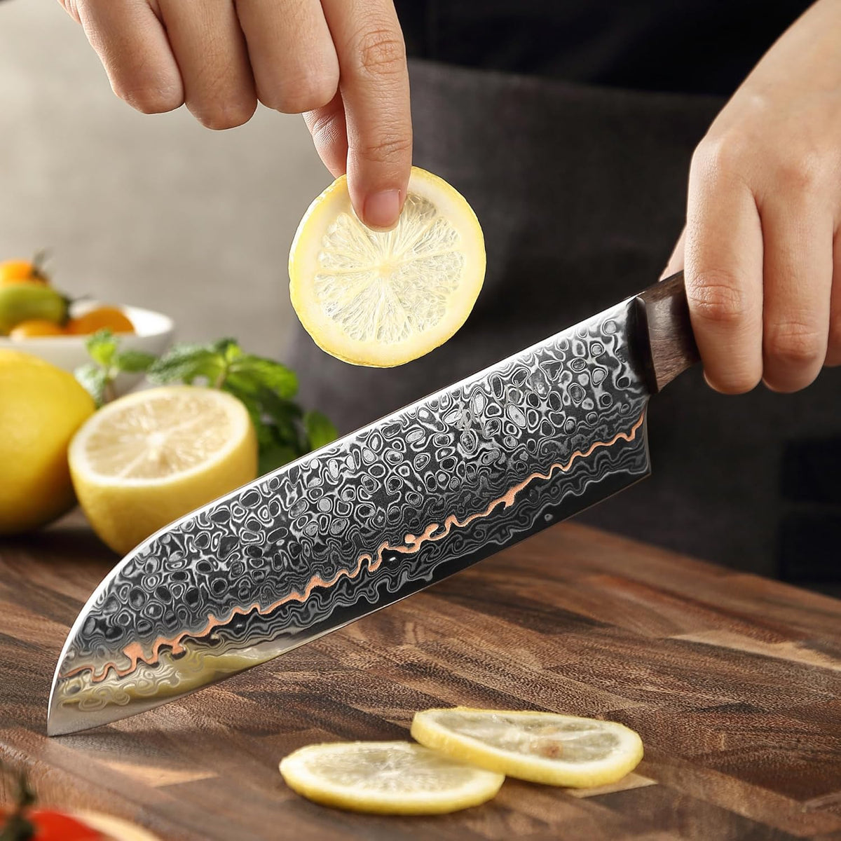 Kawa Kiritsuke Chef Knife, 7.9-Inch VG10 Core Damascus, Copper Inlay