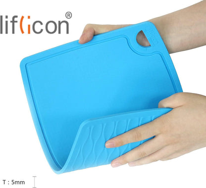 Liflicon Extra Large Thick Silicone Cutting Boards for Kitchen 14.6'' x 10.43'' Flexible Cutting Chopping Boards/Mats Non-slip Deep Drip Juice Groove, Dishwasher Safe-Blue