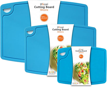 Liflicon Extra Large Thick Silicone Cutting Boards for Kitchen 14.6'' x 10.43'' Flexible Cutting Chopping Boards/Mats Non-slip Deep Drip Juice Groove, Dishwasher Safe-Blue