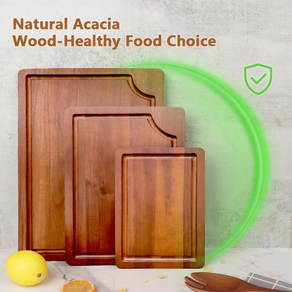 Acacia Wood Cutting Board Set with Juice Groove (3 Pieces), Organic Wooden Cutting Boards for kitchen, Butcher Block Cutting Board for Meat, Vegetable, Wooden Chopping Board 15x10, 12x8, 9x6 inch