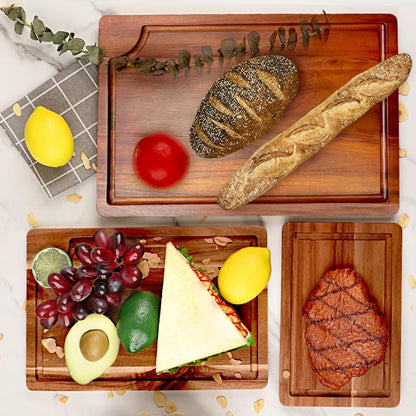 Acacia Wood Cutting Board Set with Juice Groove (3 Pieces), Organic Wooden Cutting Boards for kitchen, Butcher Block Cutting Board for Meat, Vegetable, Wooden Chopping Board 15x10, 12x8, 9x6 inch