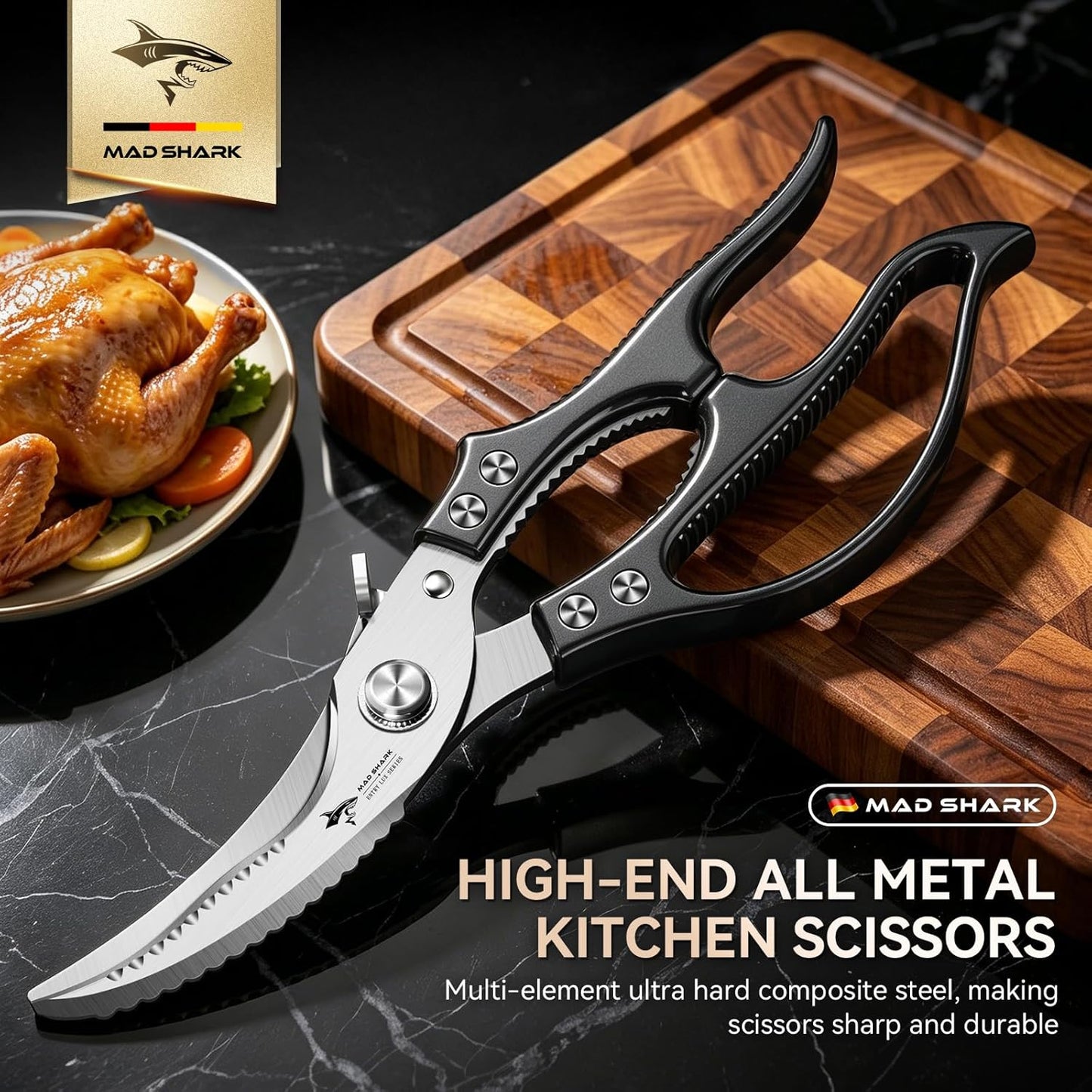 Heavy Duty Poultry Shears,Spring Loaded Kitchen Shears,Dishwasher | Non-Slip Handle Kitchen Shears, Safety Lock, All Purpose Kitchen Scissors for Chicken, Meat Cutting, Turkey, Fish, Vegetables