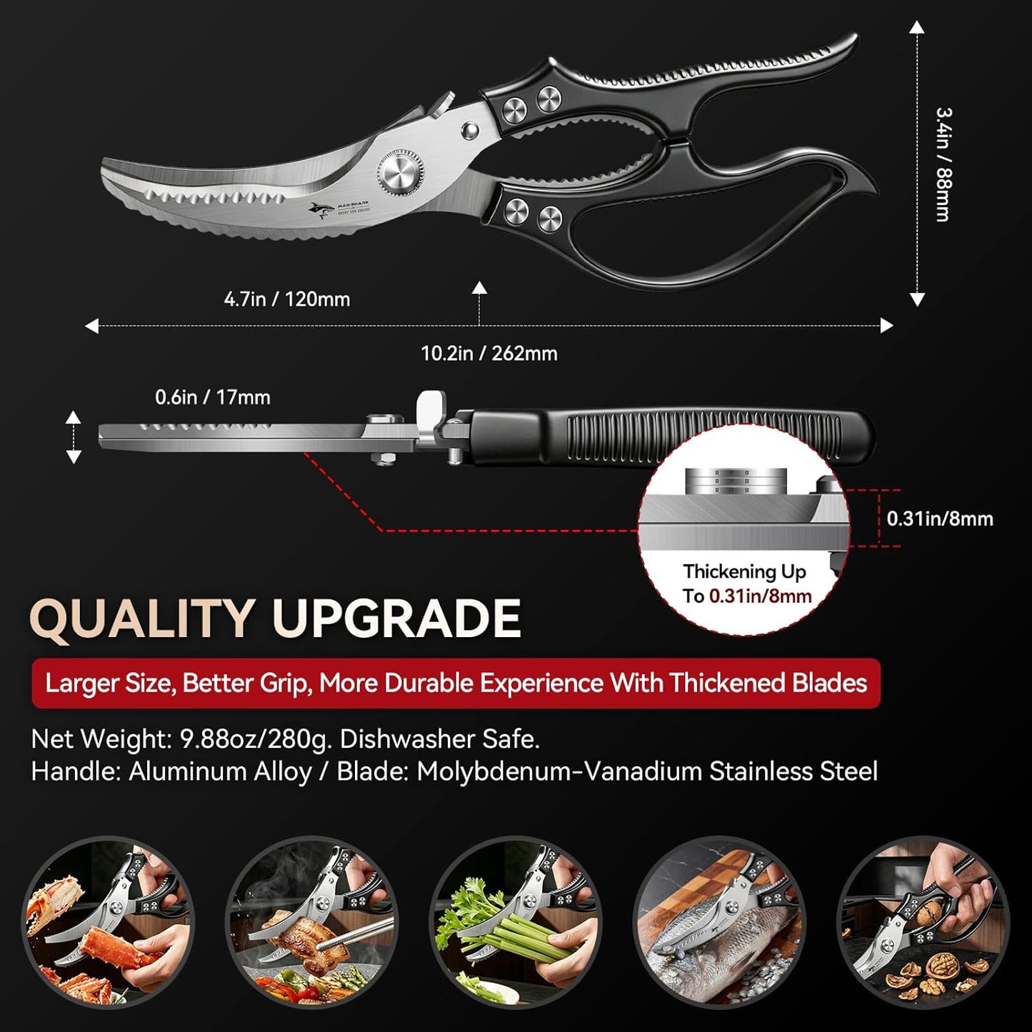 Heavy Duty Poultry Shears,Spring Loaded Kitchen Shears,Dishwasher | Non-Slip Handle Kitchen Shears, Safety Lock, All Purpose Kitchen Scissors for Chicken, Meat Cutting, Turkey, Fish, Vegetables