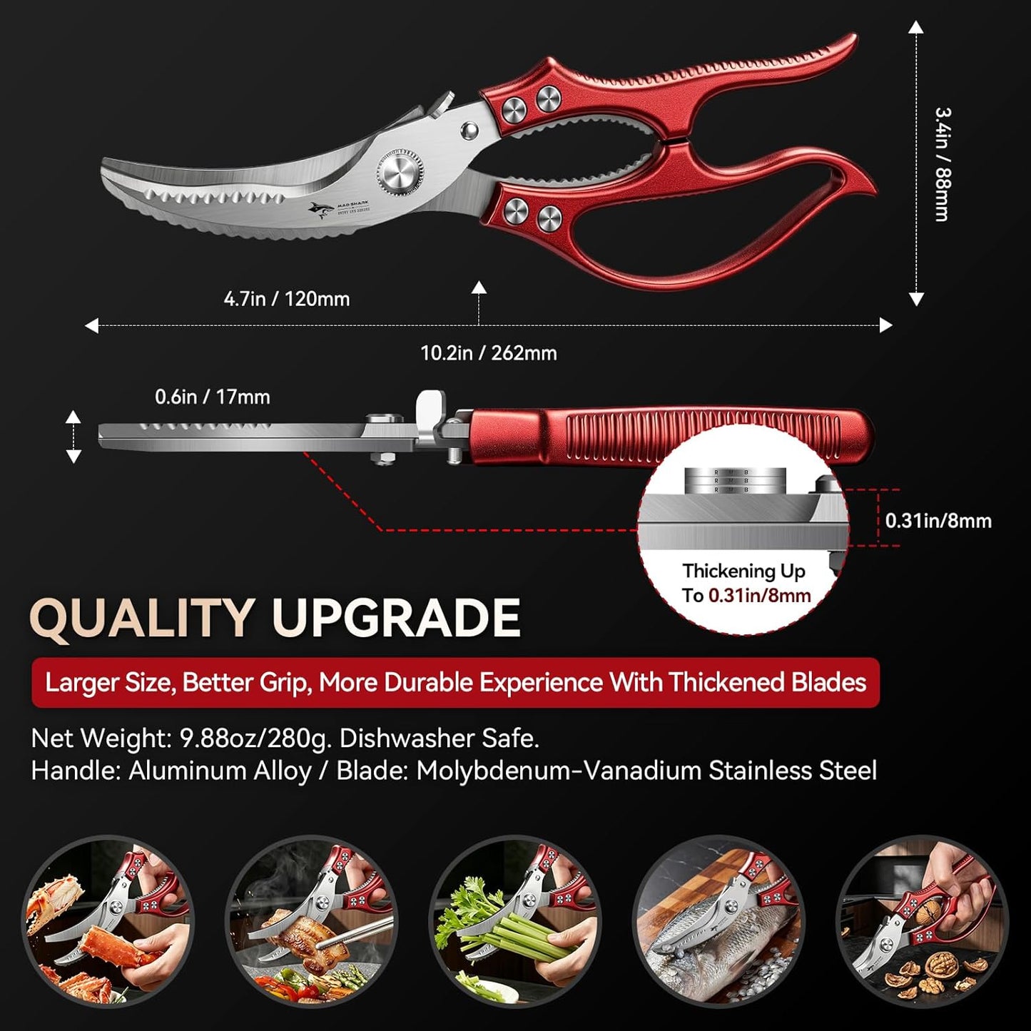 Heavy Duty Poultry Shears,Spring Loaded Kitchen Shears,Dishwasher | Non-Slip Handle Kitchen Shears, Safety Lock, All Purpose Kitchen Scissors for Chicken, Meat Cutting, Turkey, Fish, Vegetables