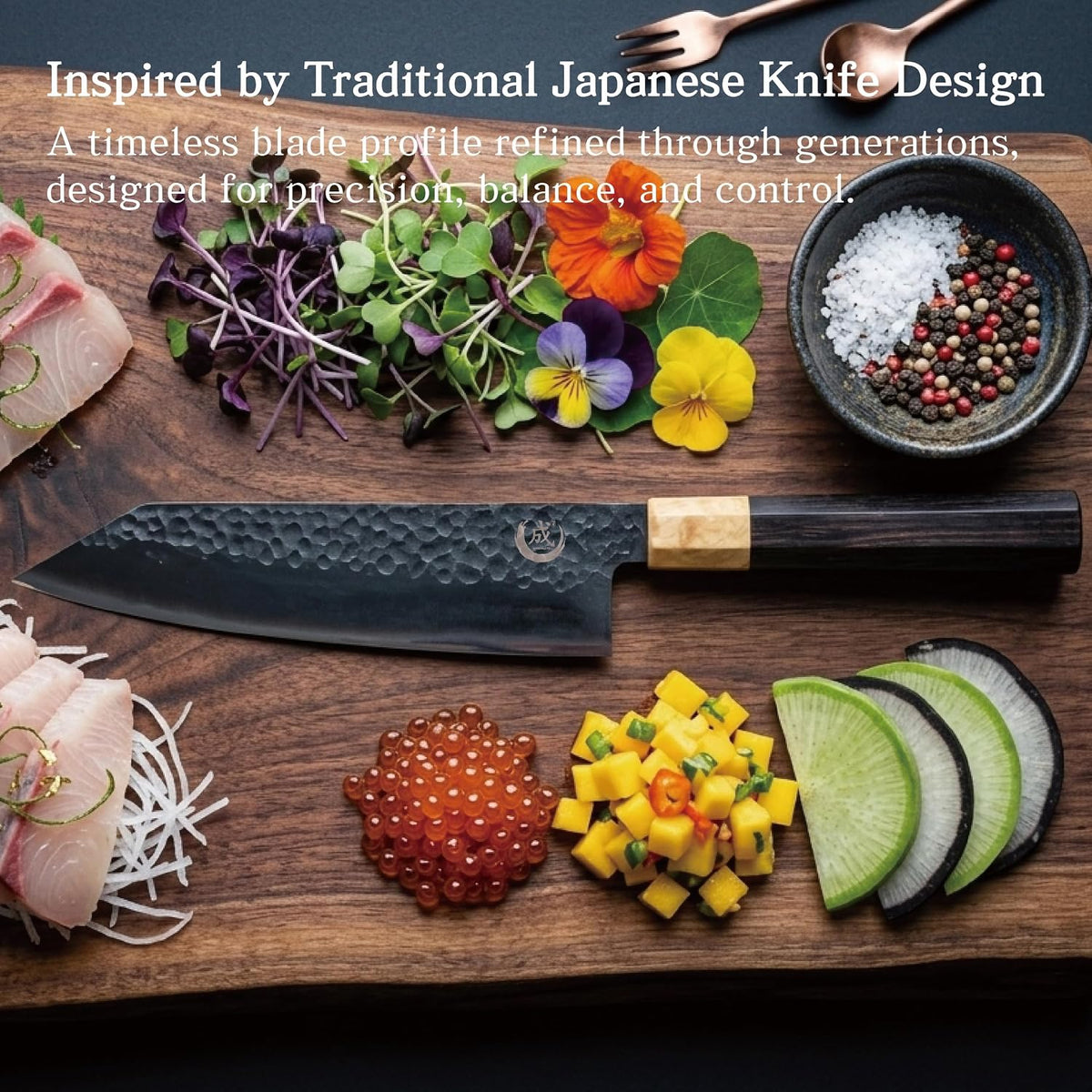 Olive Sakidatsu 8.5" Kiritsuke Gyuto Chef Knife – Hammered Black Oxide Blade Japanese Kitchen Knife with Olive & Ebony Wood Handle