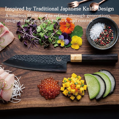 Olive Sakidatsu 8.5" Kiritsuke Gyuto Chef Knife – Hammered Black Oxide Blade Japanese Kitchen Knife with Olive & Ebony Wood Handle