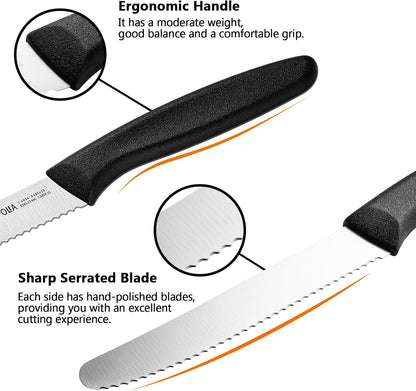 Steak Knives,Sharp Serrated Kitchen Knives,6 Pieces Black Bread Knife,Multi-purpose Kitchen Knife,High-Carbon Stainless Steel Tamato Knives Set,Ergonomic Handle,Dishwasher Safe