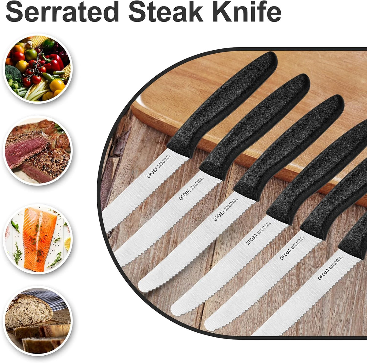 Steak Knives,Sharp Serrated Kitchen Knives,6 Pieces Black Bread Knife,Multi-purpose Kitchen Knife,High-Carbon Stainless Steel Tamato Knives Set,Ergonomic Handle,Dishwasher Safe