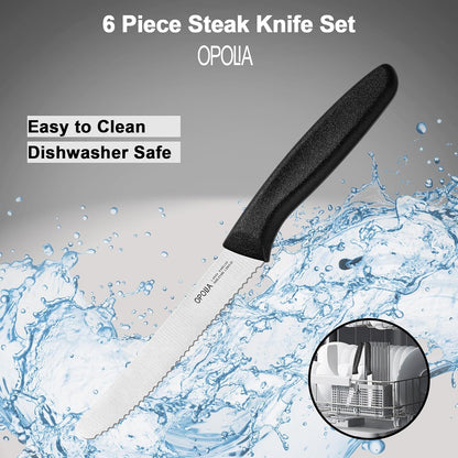 Steak Knives,Sharp Serrated Kitchen Knives,6 Pieces Black Bread Knife,Multi-purpose Kitchen Knife,High-Carbon Stainless Steel Tamato Knives Set,Ergonomic Handle,Dishwasher Safe