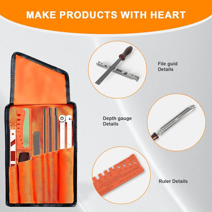 10-Piece Professional Chainsaw Sharpening Kit (afilador de motosierra) - Files in 5/32", 3/16", 7/32", Includes File Holder, Depth Gauge, Storage Case for Sharp Chainsaw Blades