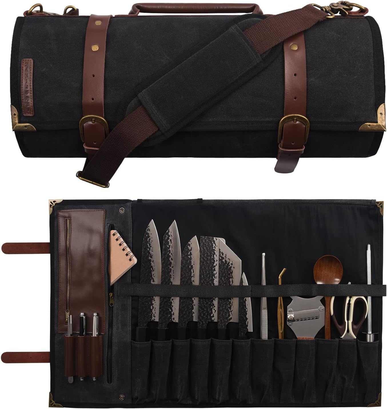 Manjushri Elegant and Light 12 Slots Professional Waxed Canvas & Genuine Leather Chef Knife Roll Bag Case with 4 Zipper Pouch Knife Organiser (Walnut Brown)