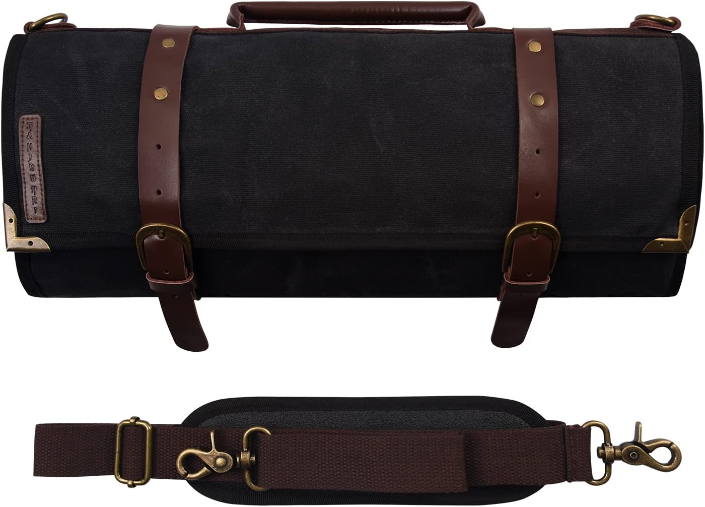 Manjushri Elegant and Light 12 Slots Professional Waxed Canvas & Genuine Leather Chef Knife Roll Bag Case with 4 Zipper Pouch Knife Organiser (Walnut Brown)