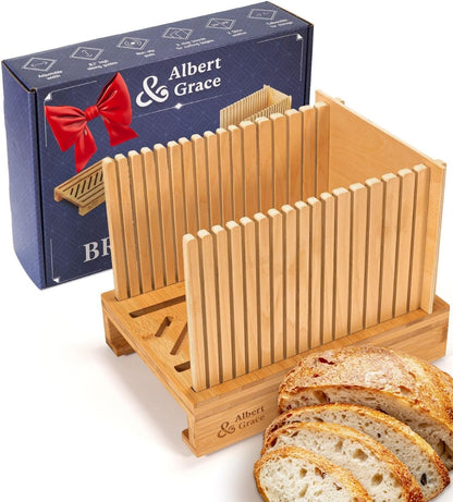 Adjustable Bamboo Bread Slicer with Folding Guides | 6.1” High Guides, 3 Width Settings & 2 Slice Thicknesses – Folds Flat – Perfect for Sourdough, Homemade Loaves & Bagels