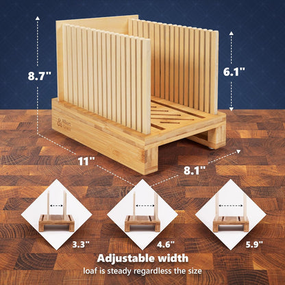 Adjustable Bamboo Bread Slicer with Folding Guides | 6.1” High Guides, 3 Width Settings & 2 Slice Thicknesses – Folds Flat – Perfect for Sourdough, Homemade Loaves & Bagels