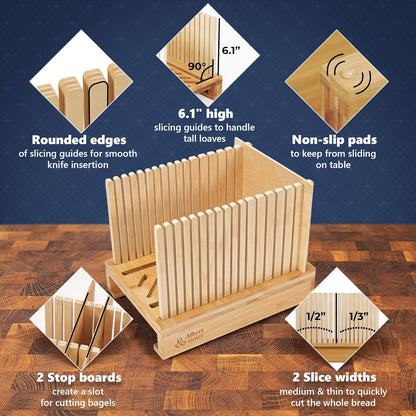 Adjustable Bamboo Bread Slicer with Folding Guides | 6.1” High Guides, 3 Width Settings & 2 Slice Thicknesses – Folds Flat – Perfect for Sourdough, Homemade Loaves & Bagels