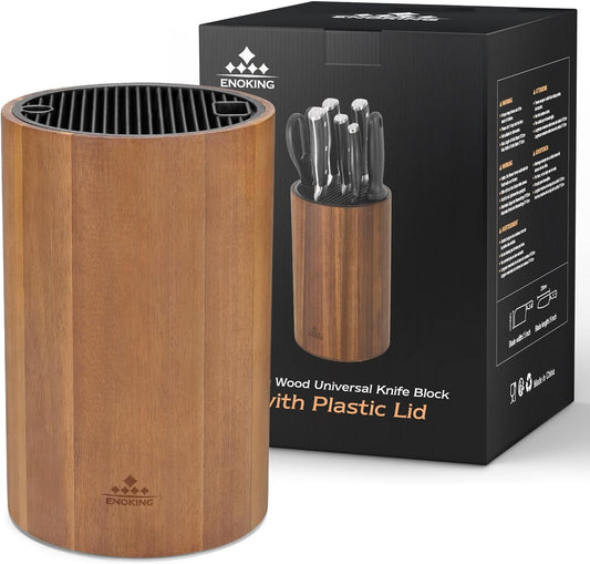 Universal Knife Block Holder with Plastic Lid, Acacia Wood Knife Block without Knives for Scissors, Sharpening Rod and Knives, Round Knife Storage Organizer Display