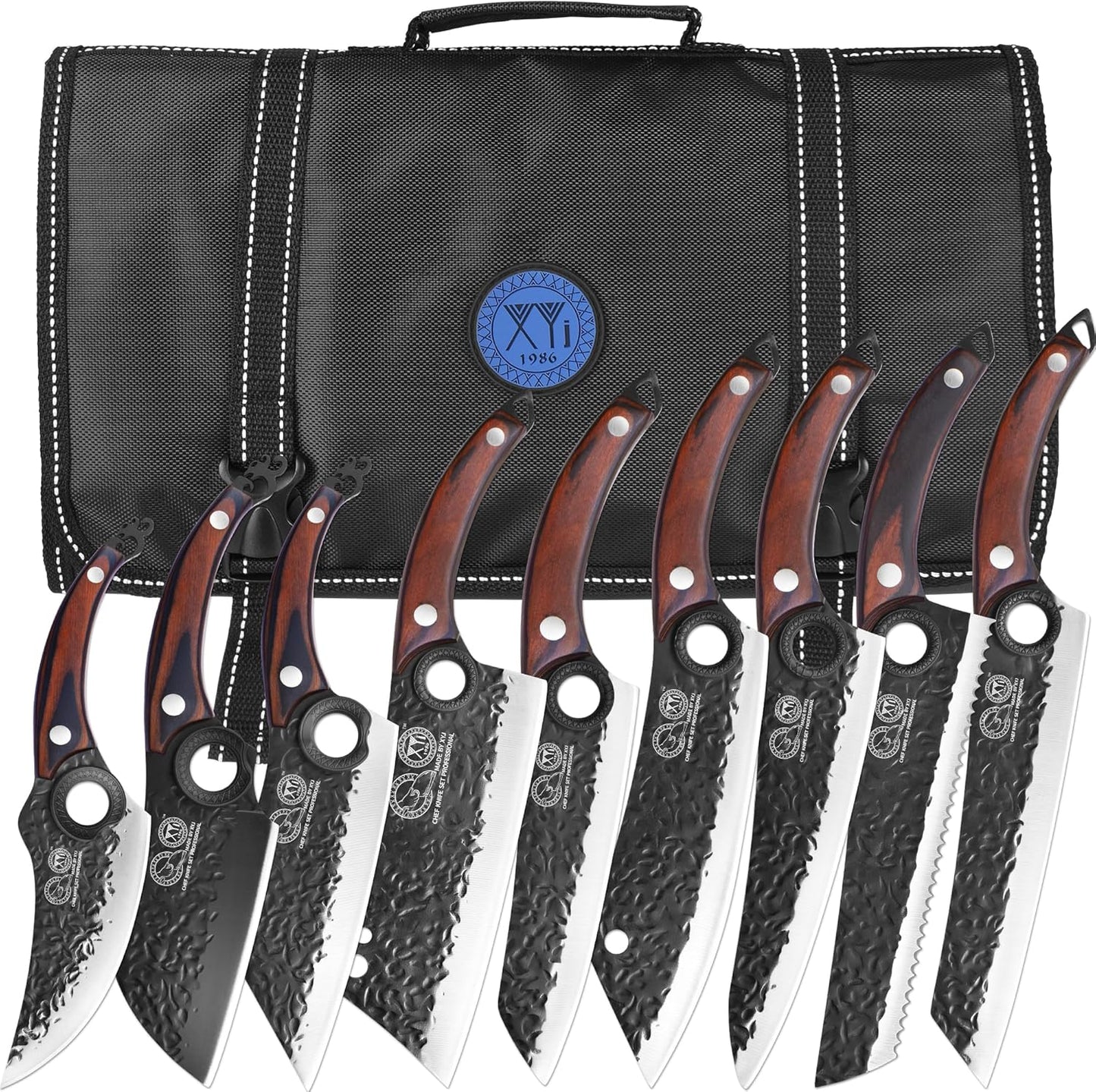 Professional Kitchen Knife Set with High-Carbon Steel Forged Blades, Chef's Knife, Cleaver, Carving Knife, Nakiri, Full Tang Design, Includes Carrying Bag & Poultry Scissors
