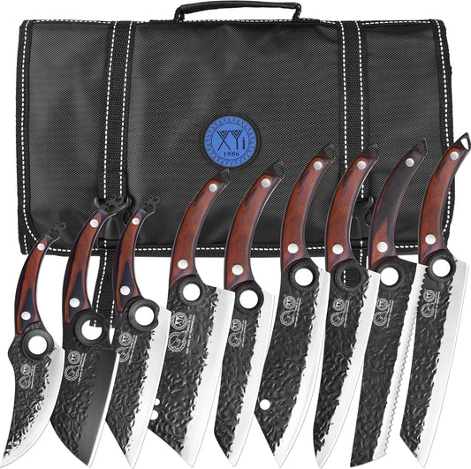 Professional Kitchen Knife Set with High-Carbon Steel Forged Blades, Chef's Knife, Cleaver, Carving Knife, Nakiri, Full Tang Design, Includes Carrying Bag & Poultry Scissors