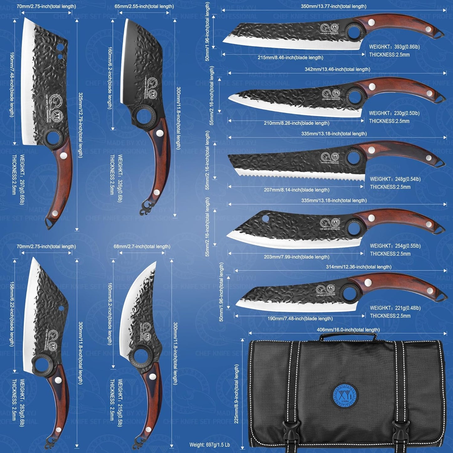 Professional Kitchen Knife Set with High-Carbon Steel Forged Blades, Chef's Knife, Cleaver, Carving Knife, Nakiri, Full Tang Design, Includes Carrying Bag & Poultry Scissors